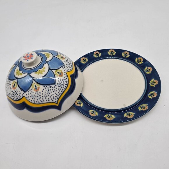Hand-Painted Ceramic Domed Butter Dish With Lid - Floral Pattern - Blue/White/Ye - Picture 2 of 11